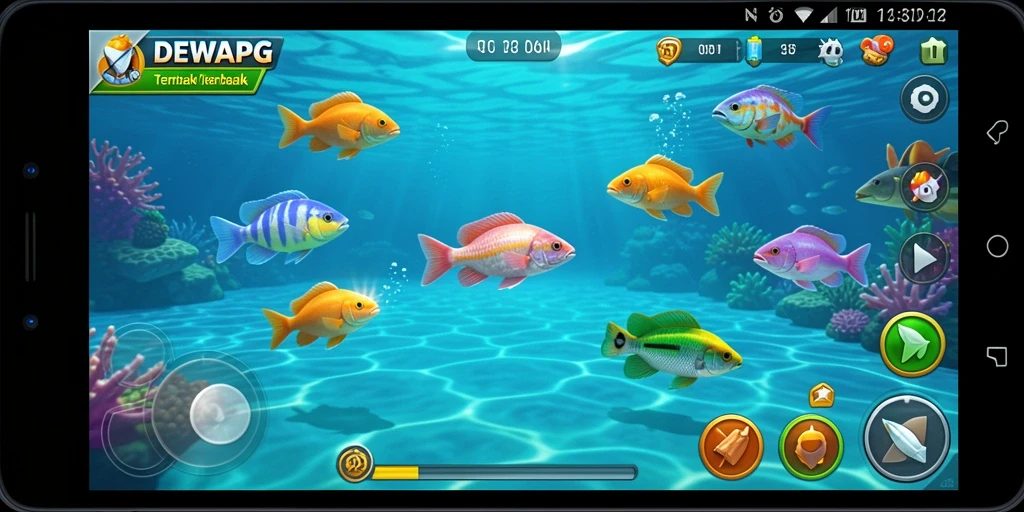 Screenshot dari gameplay DEWAPG yang menampilkan aksi tembak ikan.