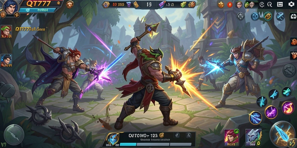 Screenshot gameplay QT777 menunjukkan aksi pertempuran yang intens.