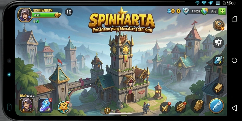 Screenshot gameplay SPINHARTA menampilkan menara bertahan melawan gelombang musuh yang menyerang.