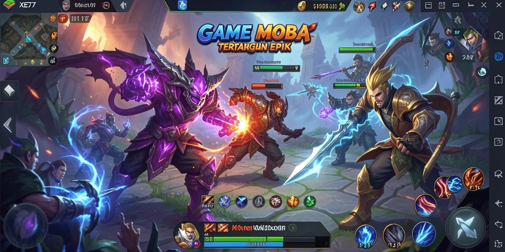 Tampilan layar utama XE77 dengan aksi pertarungan MOBA yang mendebarkan.
